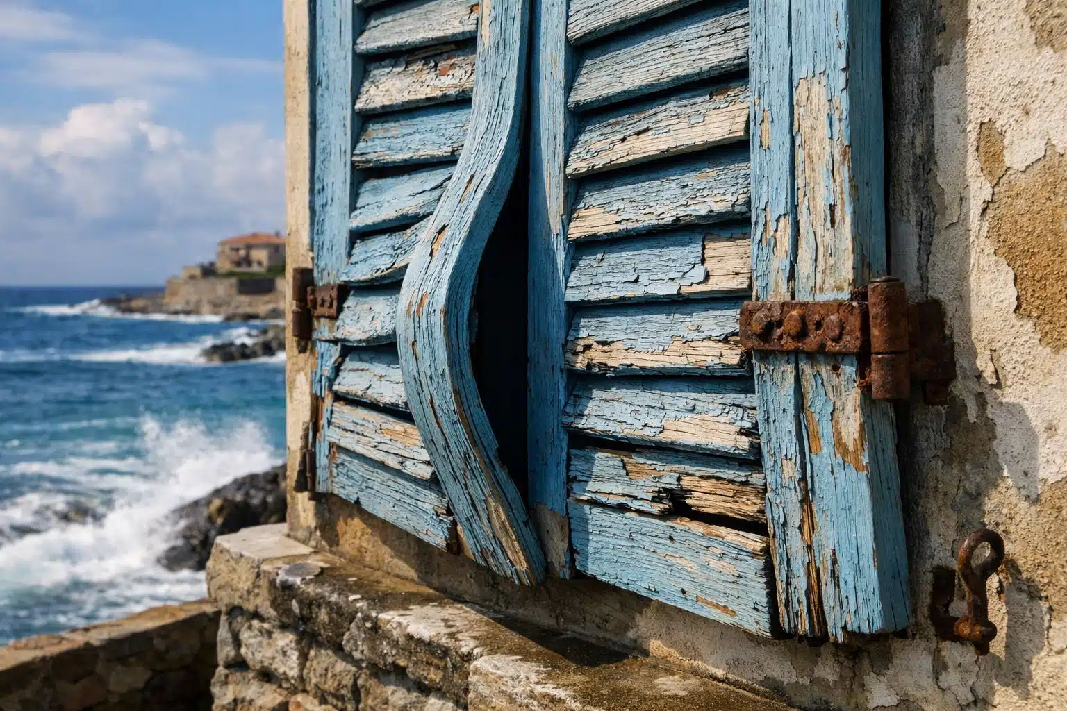 Volets battants en bois déformés par l'humidité marine et l'air salin en bord de mer
