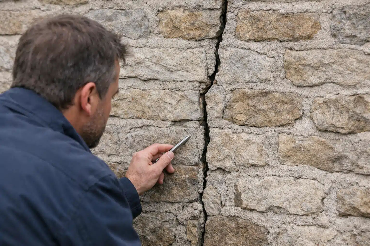 Fissures verticales sur mur en pierre lors d'un diagnostic immobilier avant achat