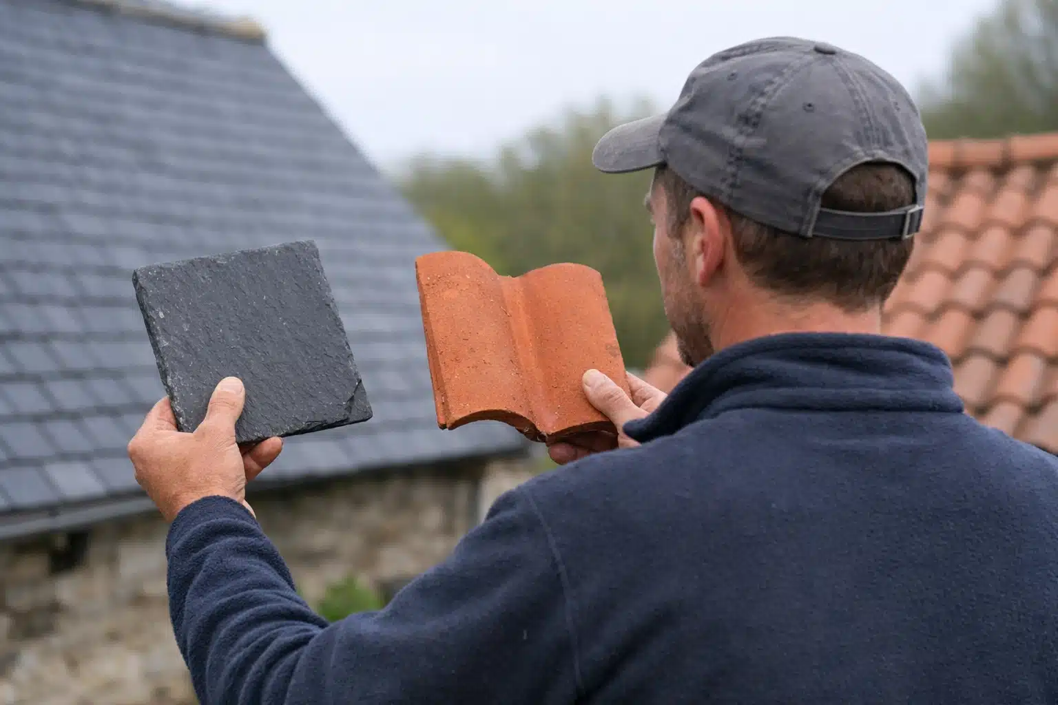 Toiture en ardoise et tuiles sous climat océanique.