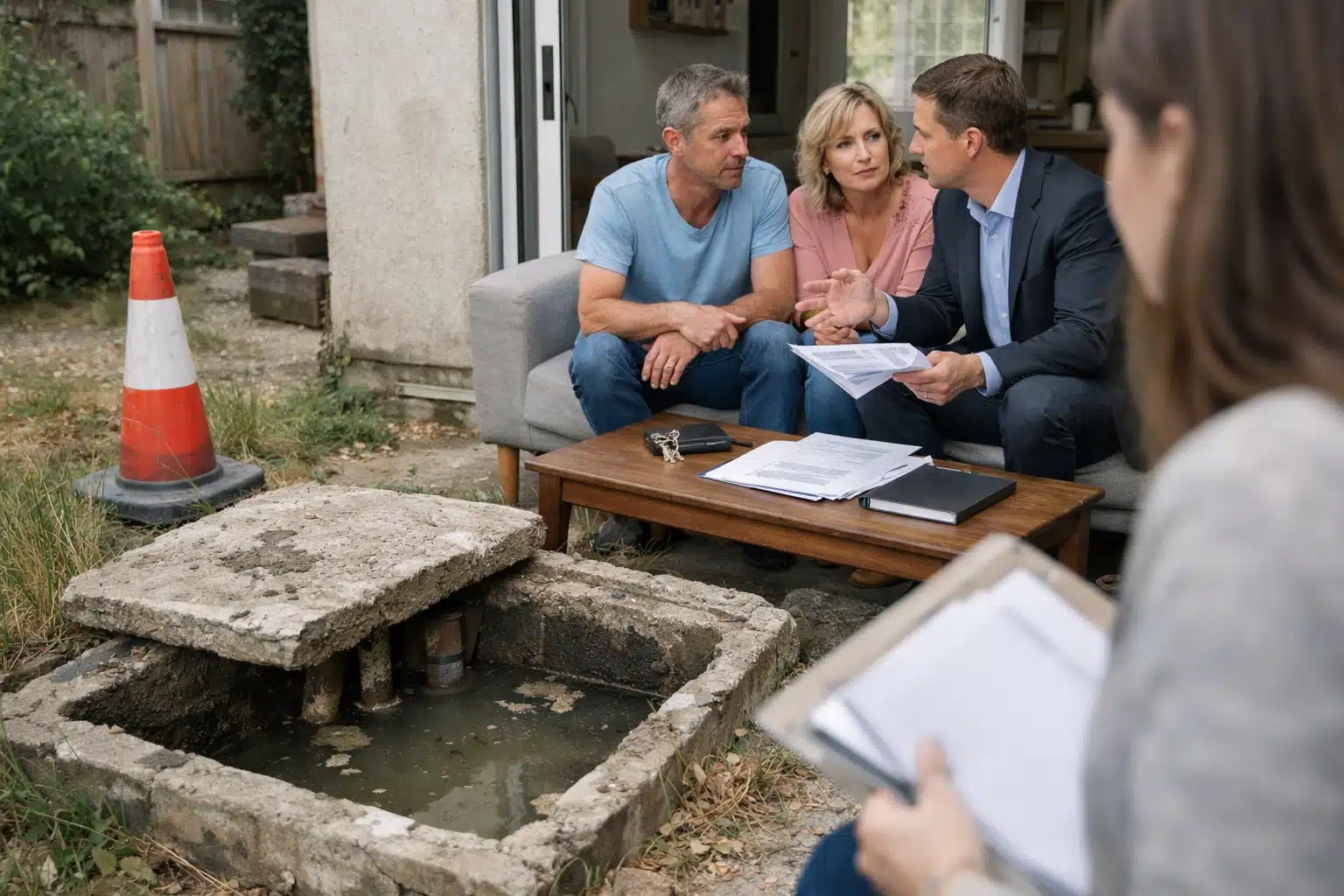 Trois adultes examinant des documents assis sur un canapé extérieur