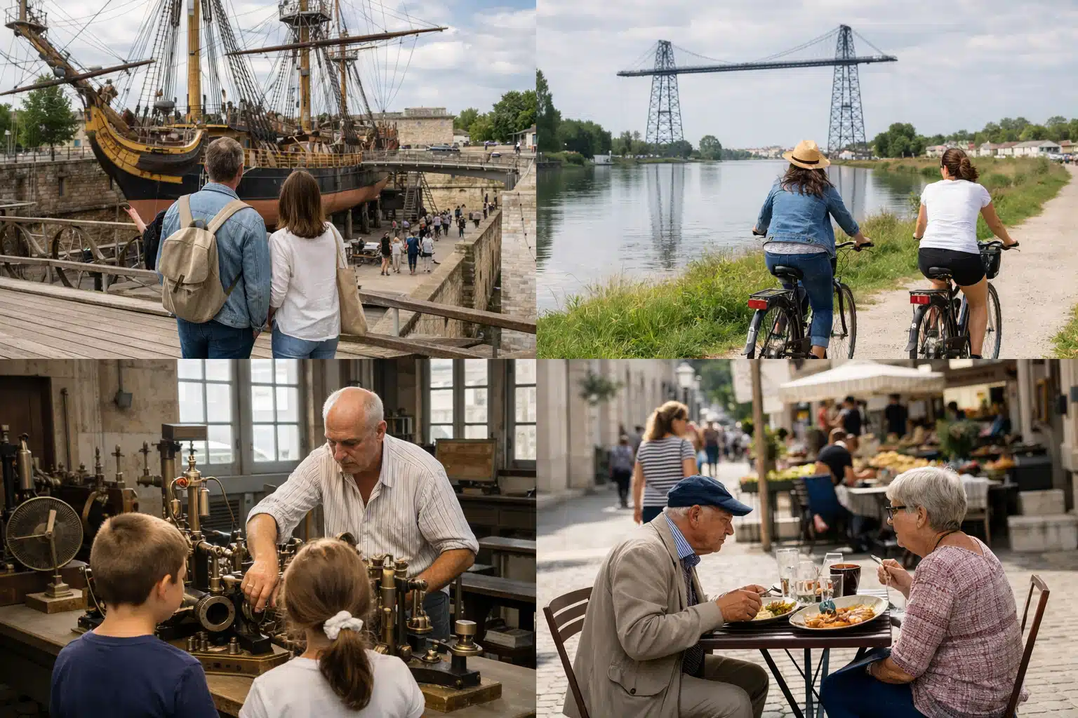 Voilier historique amarré près d'un quai animé Cycliste seul sur piste longeant une rivière Coiffeur coupant les cheveux d'un enfant attentif Personnes partageant un repas dans un café animé