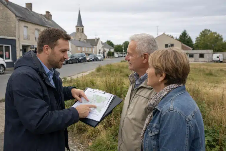 Homme montrant des plans à un couple près d'un canal