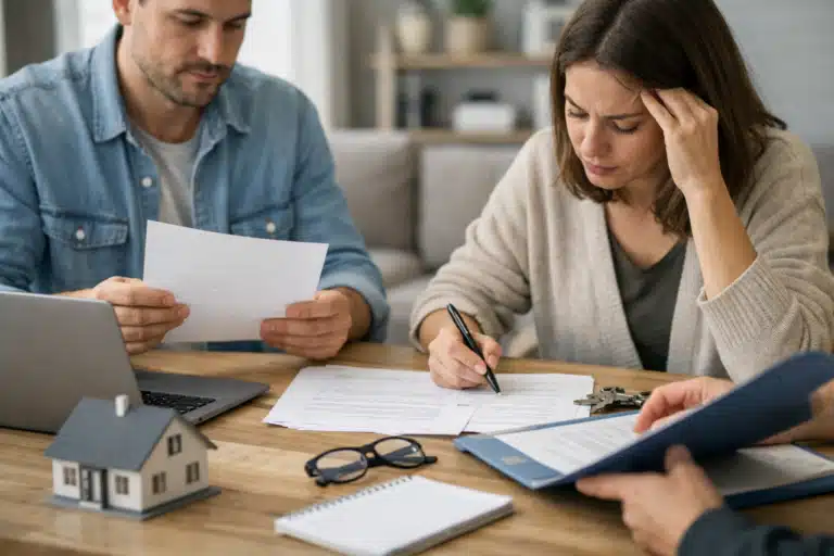 Couple examinant des papiers financiers avec maquette de maison