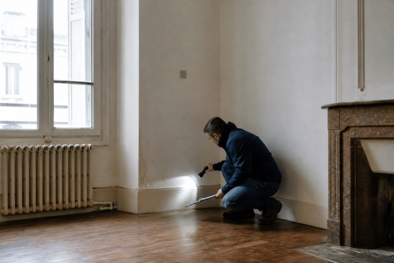 Homme à genoux inspectant plinthe avec lampe
