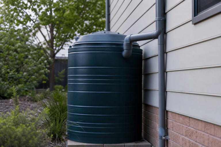Récupérateur d'eau de pluie vert foncé adossé à la maison