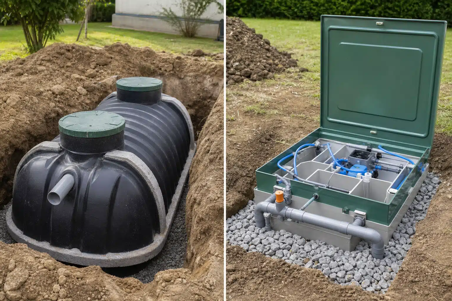 Cuve plastique noire enterrée et boîtier technique vert