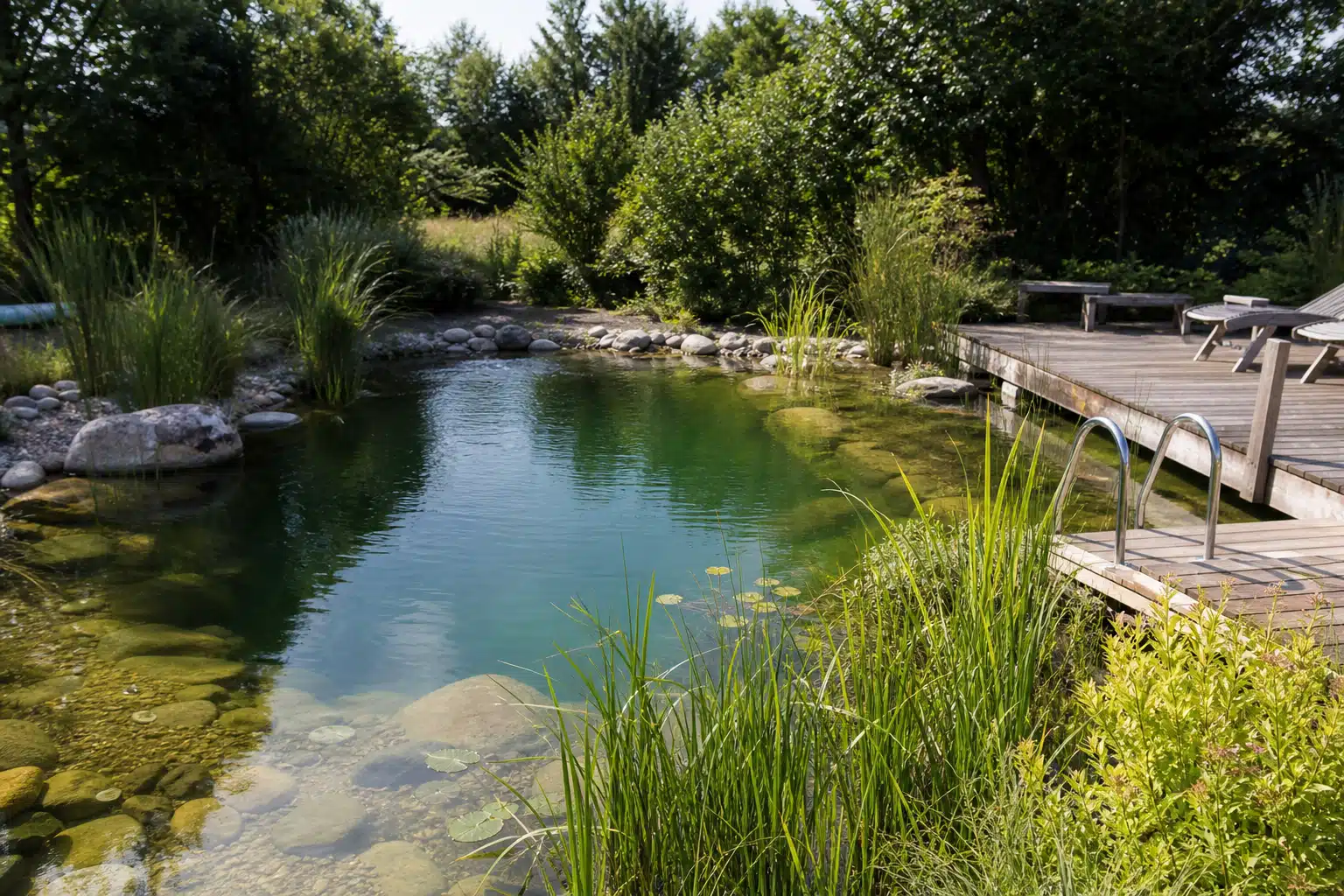 Bassin naturel aux eaux claires entouré de végétation